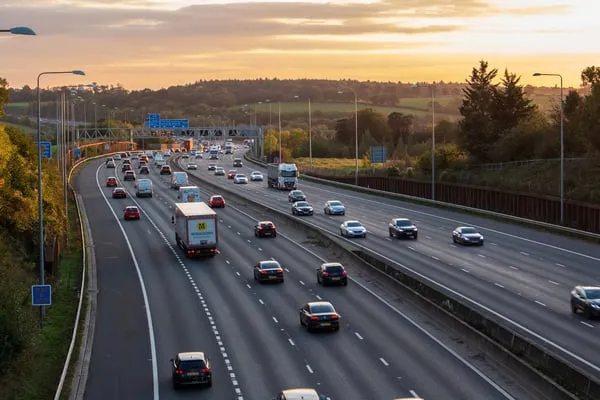Motorway traffic at sunset